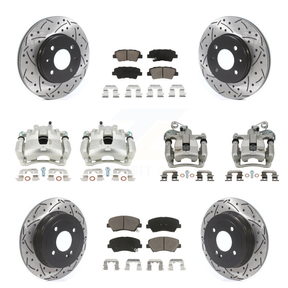Front Rear Disc Brake Coated Caliper Drilled Slotted Rotors And Ceramic Pads Kit (10Pc) For 2012-2016 Hyundai Accent KCD-100299C