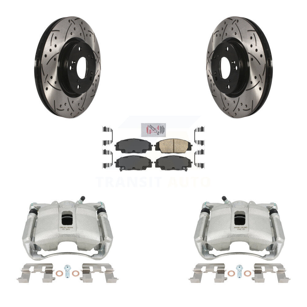 Front Disc Brake Coated Caliper Drilled Slotted Rotors And Ceramic Pads Kit For 2007-2010 Acura CSX Type-S KCD-100300N by Transit Auto