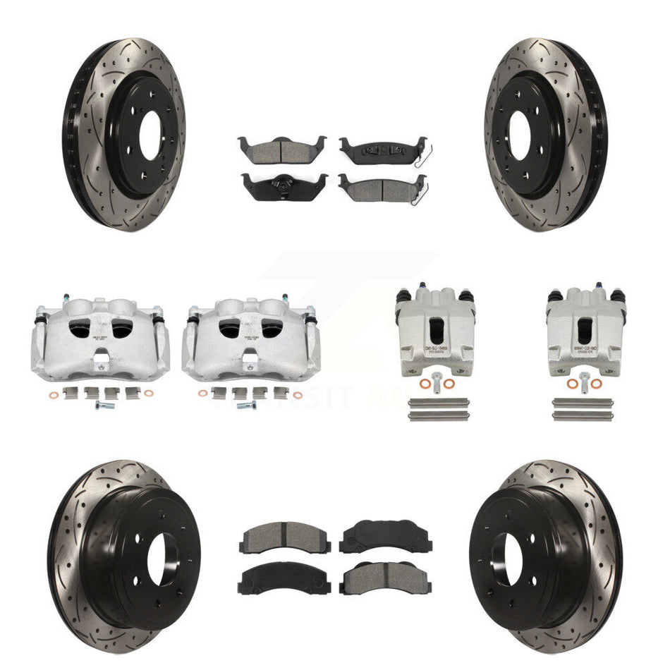 Front Rear Disc Brake Coated Caliper Drilled Slotted Rotors And Semi-Metallic Pads Kit (10Pc) For 2010-2011 Ford F-150 With 7 Lug Wheels KCD-100311S