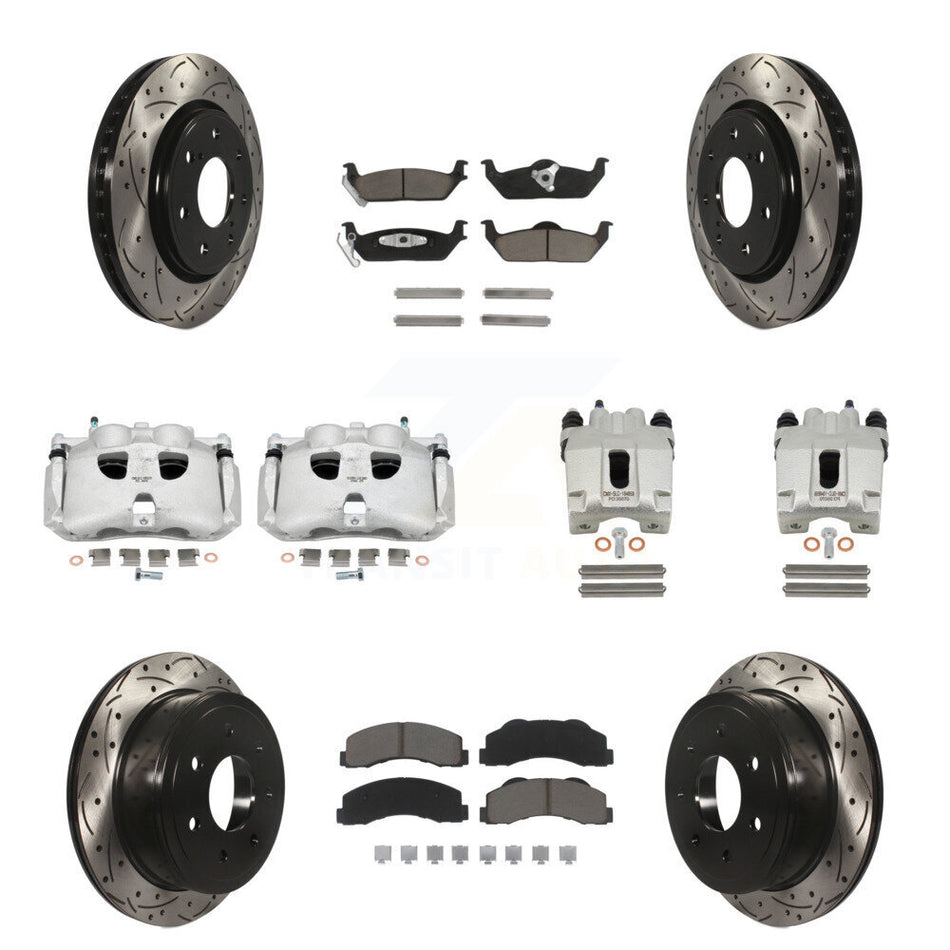Front Rear Disc Brake Coated Caliper Drilled Slotted Rotors And Ceramic Pads Kit (10Pc) For 2010-2011 Ford F-150 With 7 Lug Wheels KCD-100315C