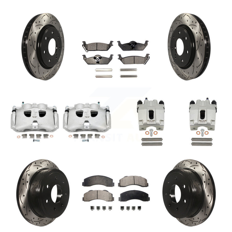 Front Rear Disc Brake Coated Caliper Drilled Slotted Rotors And Semi-Metallic Pads Kit (10Pc) For 2010-2011 Ford F-150 With 7 Lug Wheels KCD-100319P