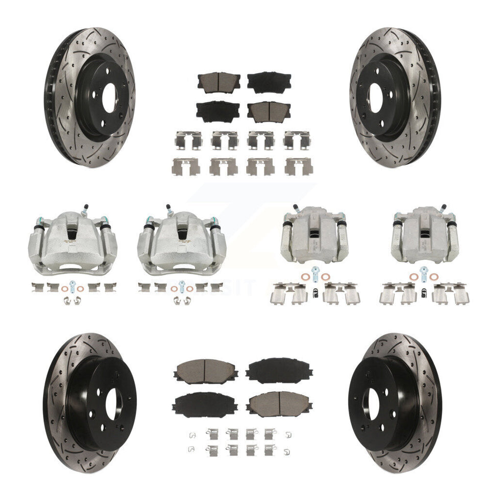 Front Rear Disc Brake Coated Caliper Drilled Slotted Rotors And Ceramic Pads Kit (10Pc) For Toyota RAV4 KCD-100331C