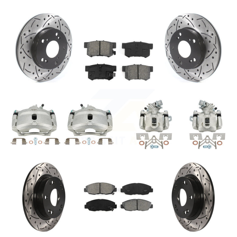 Front Rear Brake Caliper Drilled Slot Rotor Semi-Metallic Pad Kit (10Pc) For Honda Civic KCD-100331S