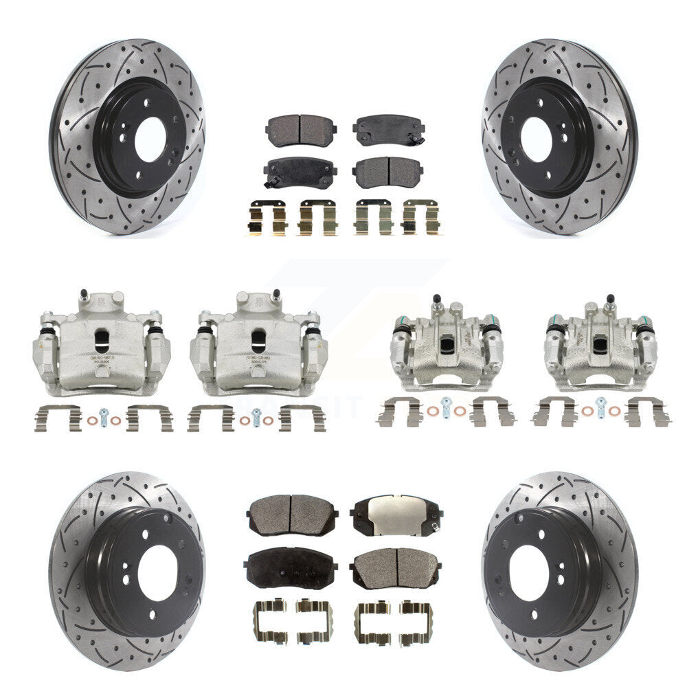 Front Rear Disc Brake Coated Caliper Drilled Slot Rotor Semi-Metallic Pad Kit (10Pc) For KCD-100334P