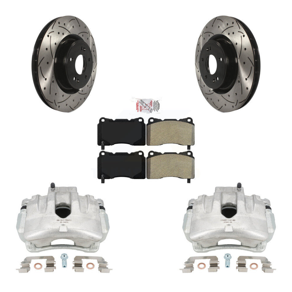 Front Disc Brake Coated Caliper Drilled Slotted Rotors And Semi-Metallic Pads Kit For Hyundai Genesis Coupe With Single Piston Calipers KCD-100339N