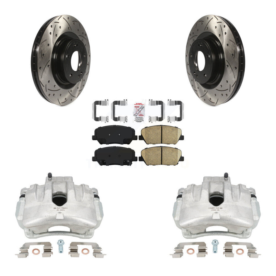 Front Disc Brake Coated Caliper Drilled Slotted Rotors And Ceramic Pads Kit For Hyundai Genesis Coupe With Single Piston Calipers KCD-100340N