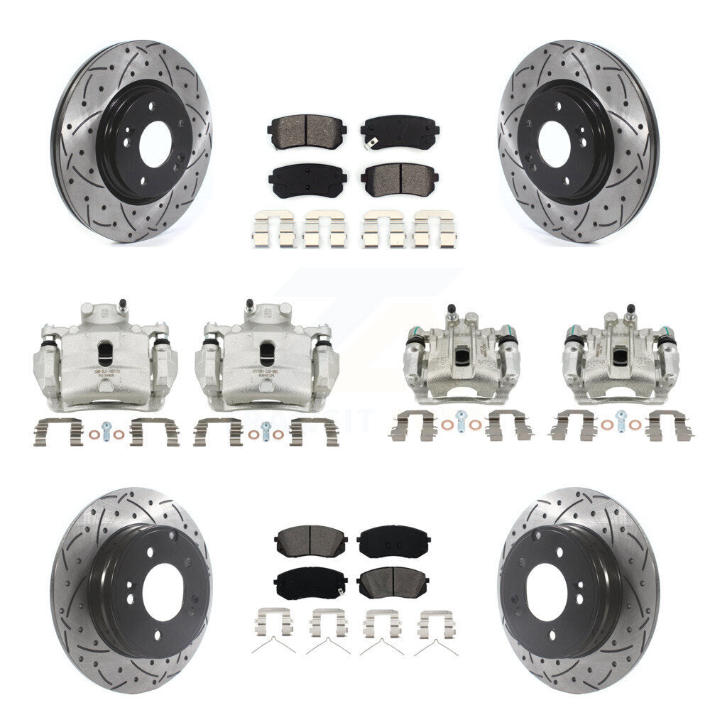 Front Rear Disc Brake Coated Caliper Drilled Slot Rotor Semi-Metallic Pad Kit (10Pc) For KCD-100346S