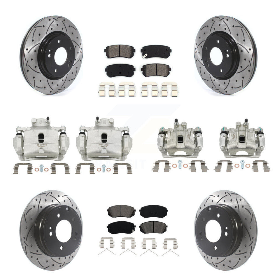 Front Rear Disc Brake Coated Caliper Drilled Slot Rotor Semi-Metallic Pad Kit (10Pc) For KCD-100346S