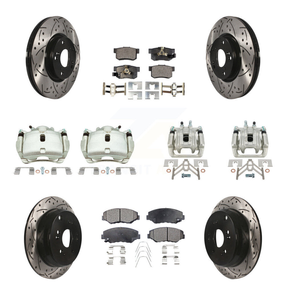 Front Rear Brake Caliper Drill Slotted Rotor Semi-Metallic Pad Kit (10Pc) For Honda CR-V KCD-100351P