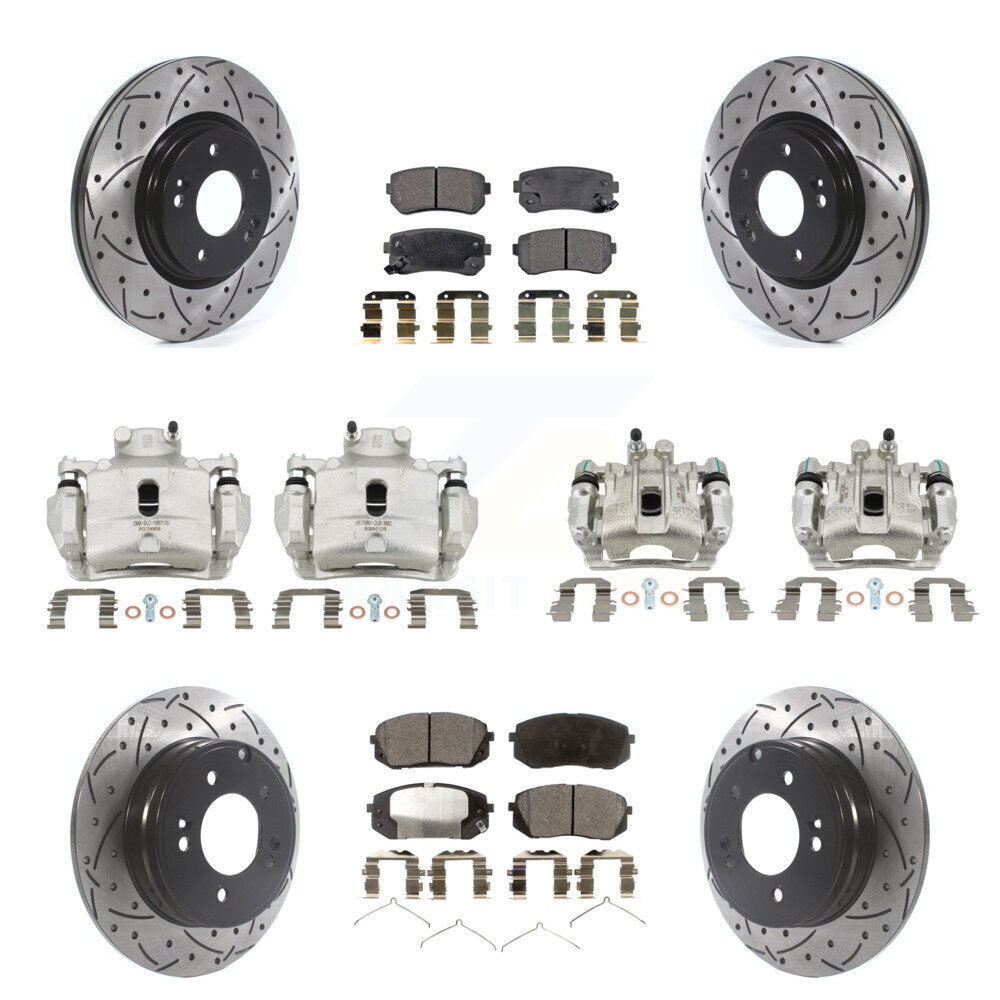 Front Rear Disc Brake Coated Caliper Drilled Slot Rotor Semi-Metallic Pad Kit (10Pc) For KCD-100353P