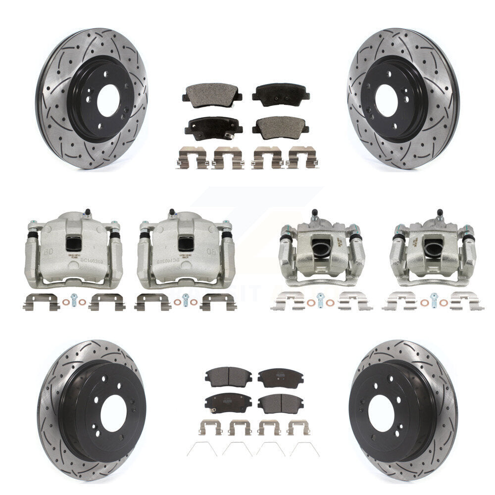 Front Rear Brake Caliper Drilled Slot Rotor Semi-Metallic Pad Kit (10Pc) For Hyundai Kia KCD-100359P