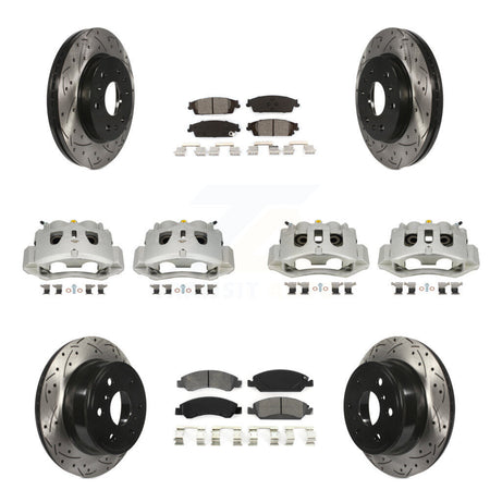 Front Rear Disc Brake Coated Caliper Drilled Slot Rotor Semi-Metallic Pad Kit (10Pc) For KCD-100360S