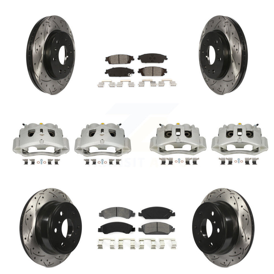 Front Rear Disc Brake Coated Caliper Drilled Slot Rotor Semi-Metallic Pad Kit (10Pc) For KCD-100360S
