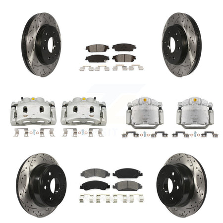 Front Rear Brake Caliper Drill Slot Rotor Semi-Metallic Pad Kit (10Pc) For GMC Sierra XL KCD-100361S