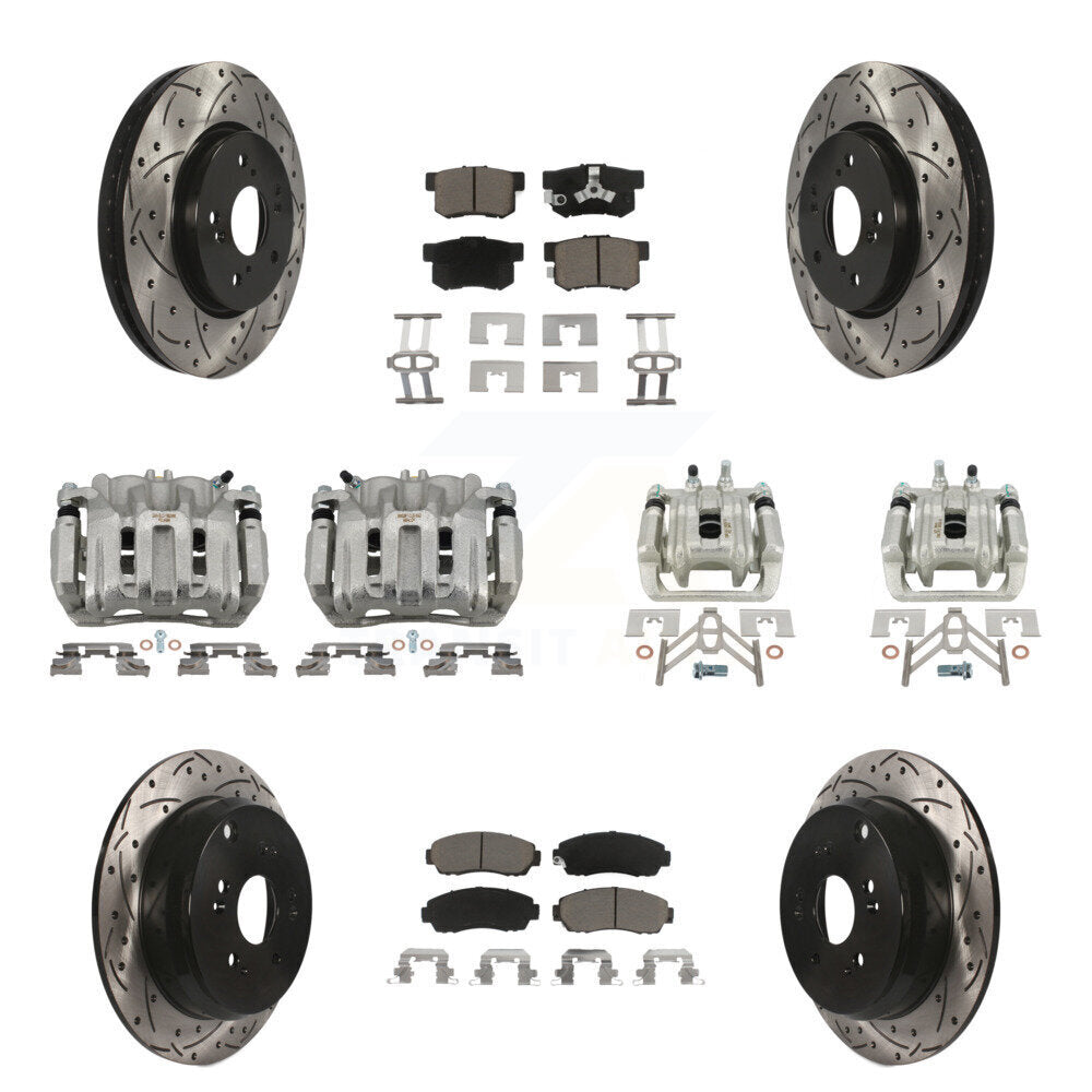Front Rear Brake Caliper Drill Slotted Rotor Ceramic Pad Kit (10Pc) For Honda CR-V Acura KCD-100364C