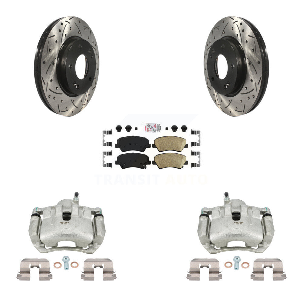 Front Brake Caliper Drill Slotted Rotor Ceramic Pad Kit For Hyundai Elantra GT Kia Forte KCD-100366N