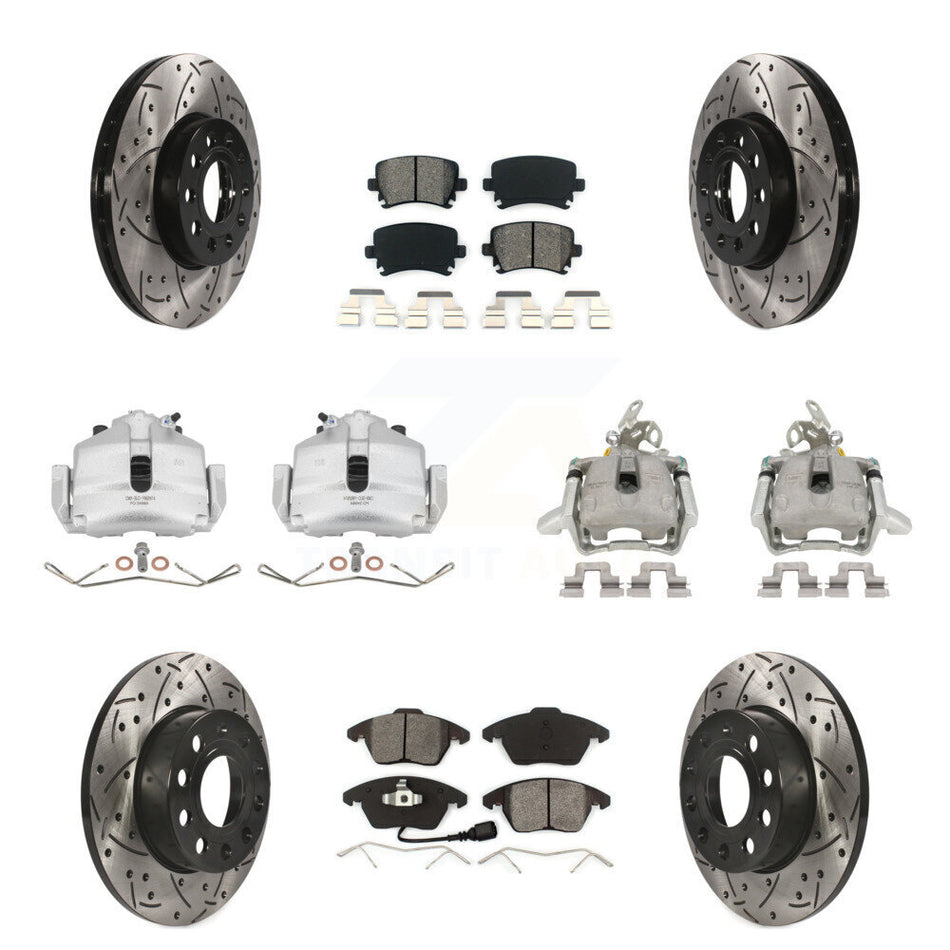 Front Rear Disc Brake Coated Caliper Drilled Slotted Rotors And Semi-Metallic Pads Kit (10Pc) For 2006-2009 Volkswagen Rabbit KCD-100366S