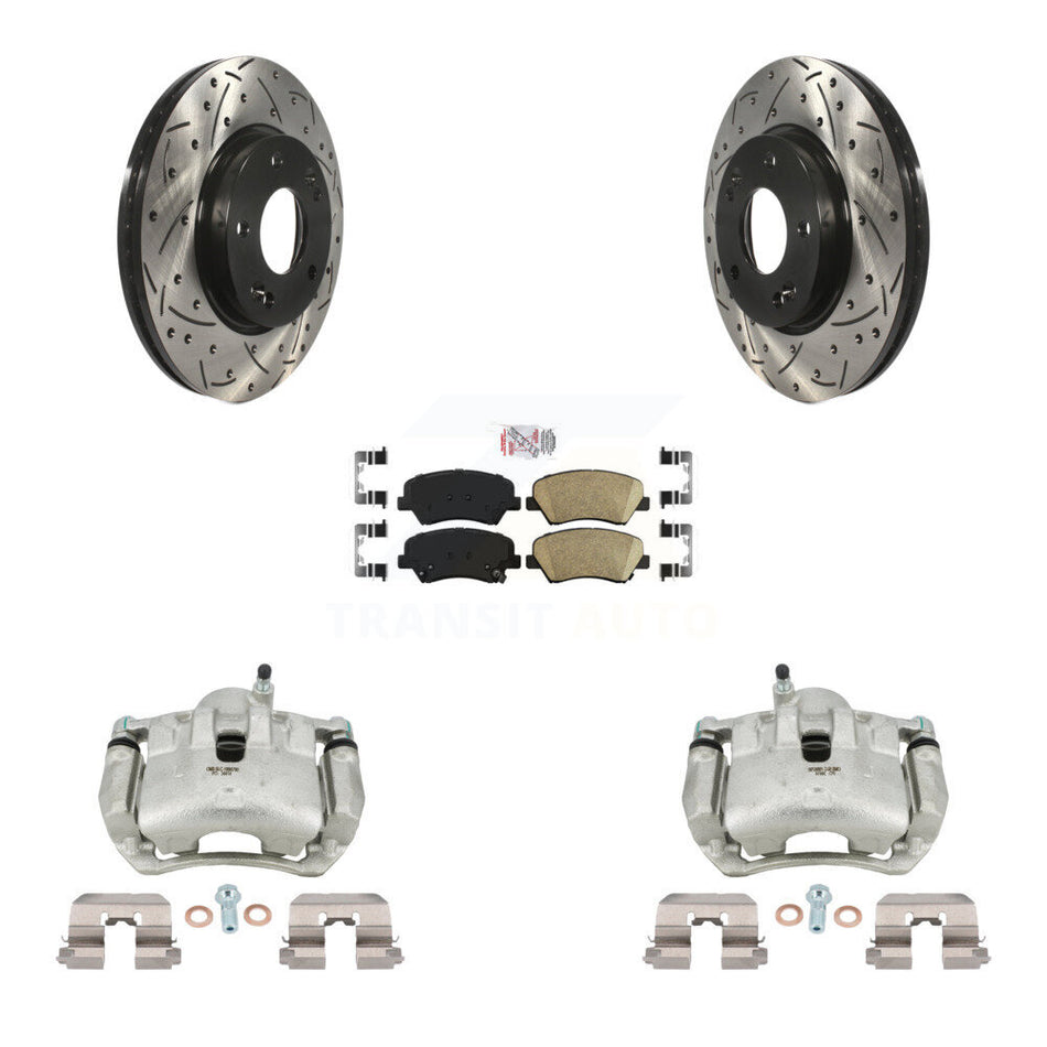 Front Brake Caliper Drill Slotted Rotor Ceramic Pad Kit For Hyundai Elantra GT Kia Forte KCD-100367N