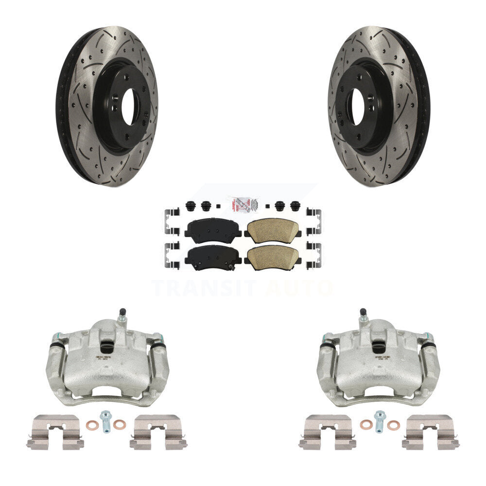 Front Disc Brake Coated Caliper Drilled Slotted Rotors And Ceramic Pad Kit For Kia Forte KCD-100369N