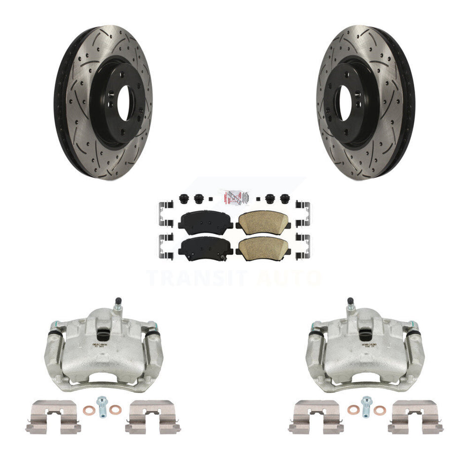 Front Disc Brake Coated Caliper Drilled Slotted Rotors And Ceramic Pad Kit For Kia Forte KCD-100369N