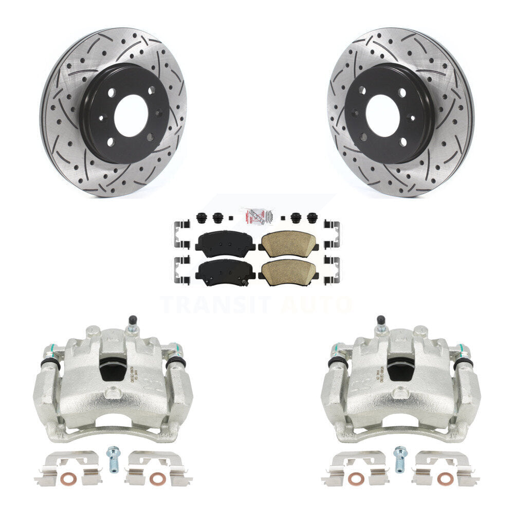 Front Disc Brake Coated Caliper Drilled Slotted Rotors And Ceramic Pads Kit For Hyundai Accent Kia Rio KCD-100375N by Transit Auto