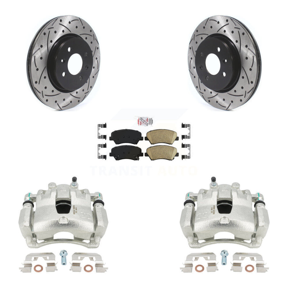 Front Disc Brake Coated Caliper Drilled Slotted Rotors And Ceramic Pads Kit For Kia Rio KCD-100378N