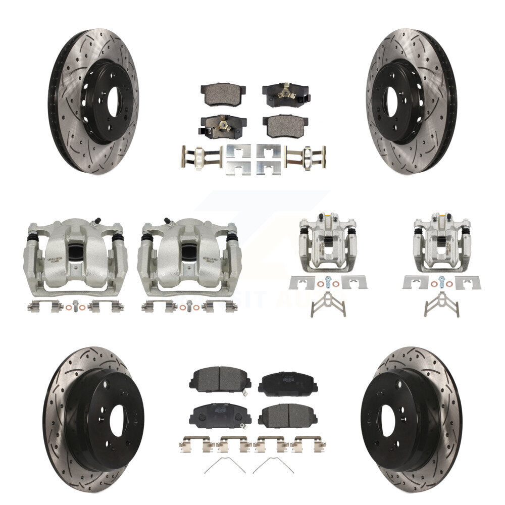 Front Rear Brake Caliper Drill Slot Rotor Ceramic Pad Kit (10Pc) For 2016-2018 Acura RDX KCD-100382T