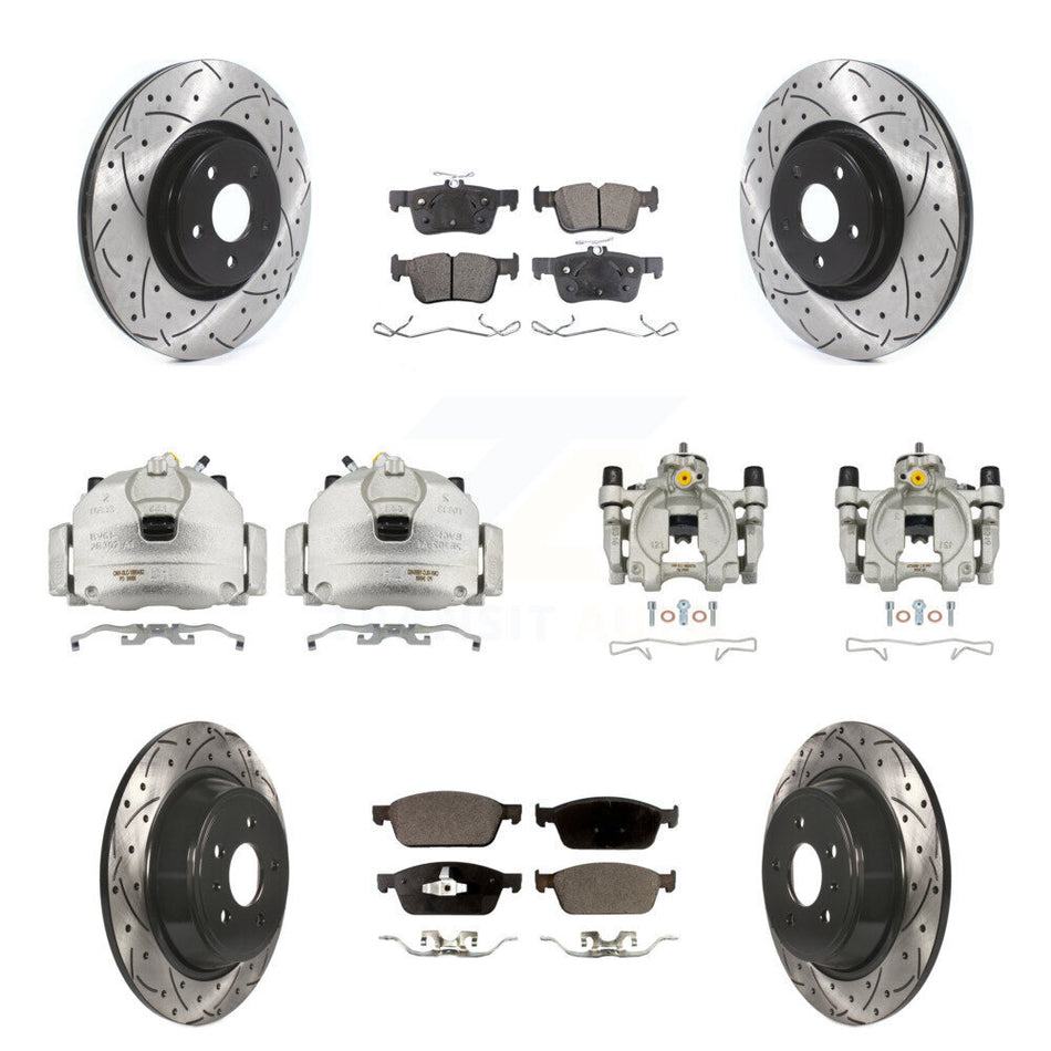 Front Rear Brake Caliper Drilled Slot Rotor Semi-Metallic Pad Kit (10Pc) For Lincoln MKC KCD-100383P