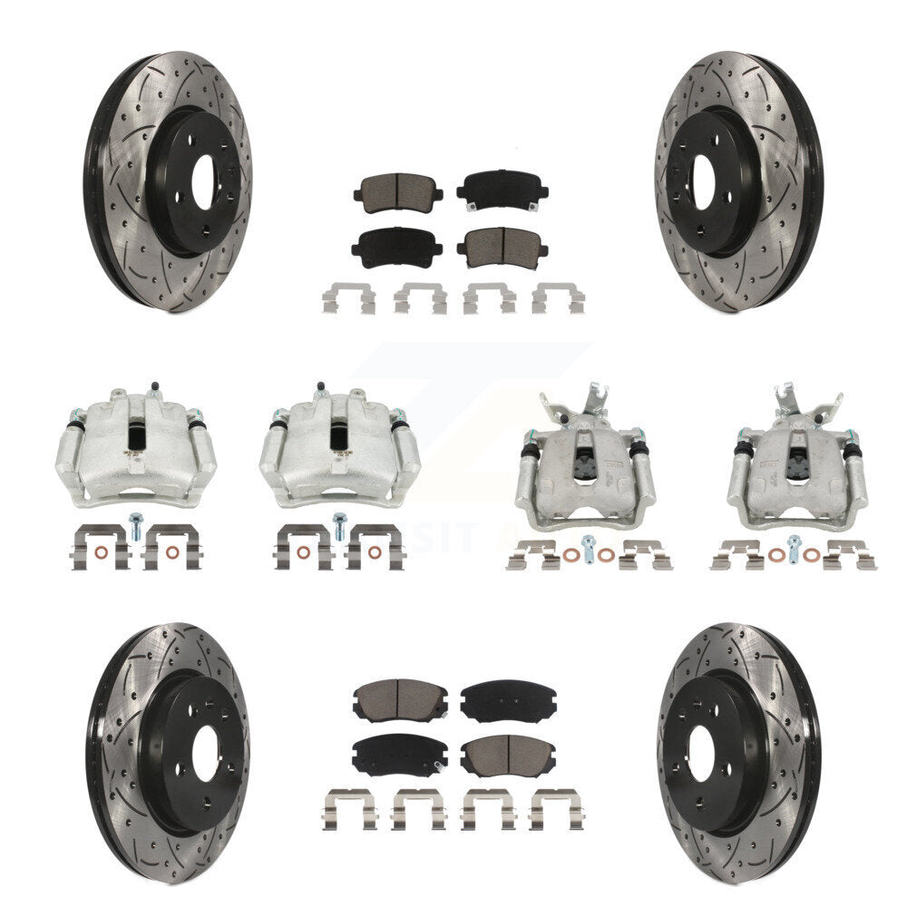 Front Rear Disc Brake Coated Caliper Drilled Slotted Rotors & Ceramic Pad Kit (10Pc) For KCD-100386C