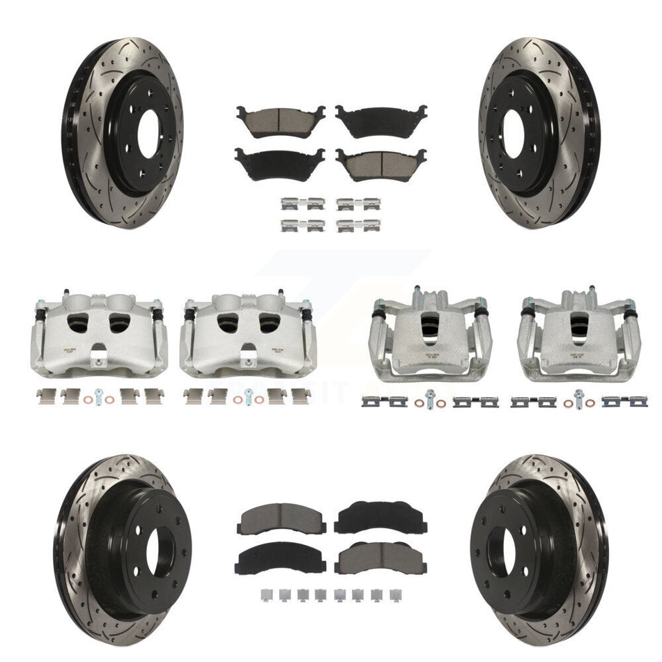 Front Rear Disc Brake Coated Caliper Drilled Slotted Rotors And Ceramic Pads Kit (10Pc) For 2012-2014 Ford F-150 With 7 Lug Wheels KCD-100387C
