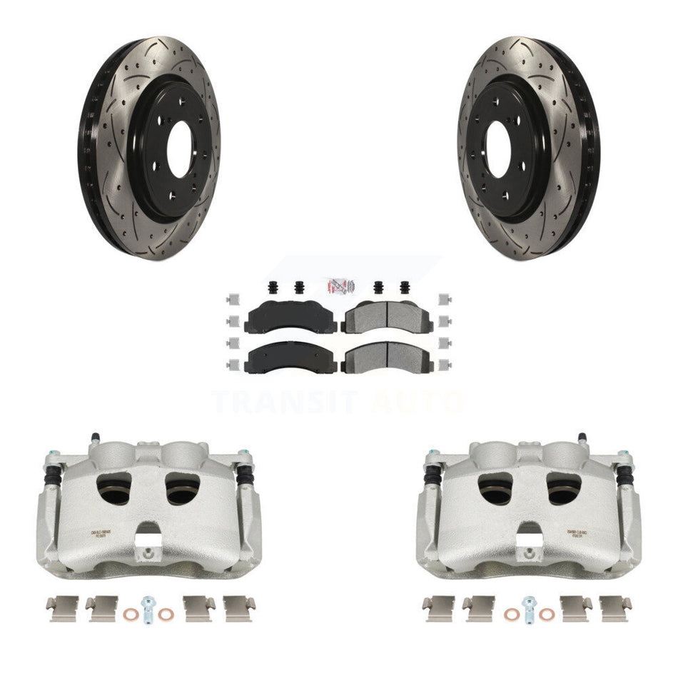 Front Disc Brake Coated Caliper Drilled Slotted Rotors And Semi-Metallic Pads Kit For 2012-2014 Ford F-150 With 7 Lug Wheels KCD-100387N