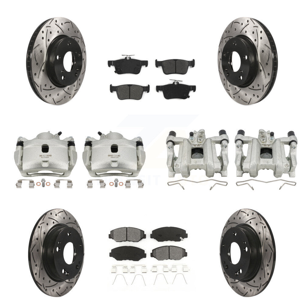 Front Rear Brake Caliper Drilled Slot Rotor Semi-Metallic Pad Kit (10Pc) For Honda Civic KCD-100387S