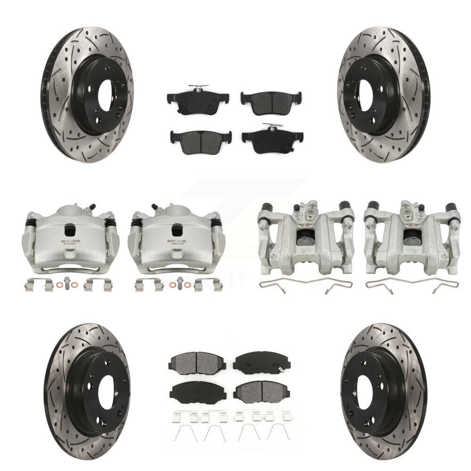 Front Rear Brake Caliper Drilled Slot Rotor Semi-Metallic Pad Kit (10Pc) For Honda Civic KCD-100387S