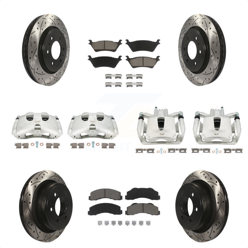 Front Rear Disc Brake Coated Caliper Drilled Slotted Rotors And Ceramic Pads Kit (10Pc) For Ford F-150 KCD-100388C by Transit Auto