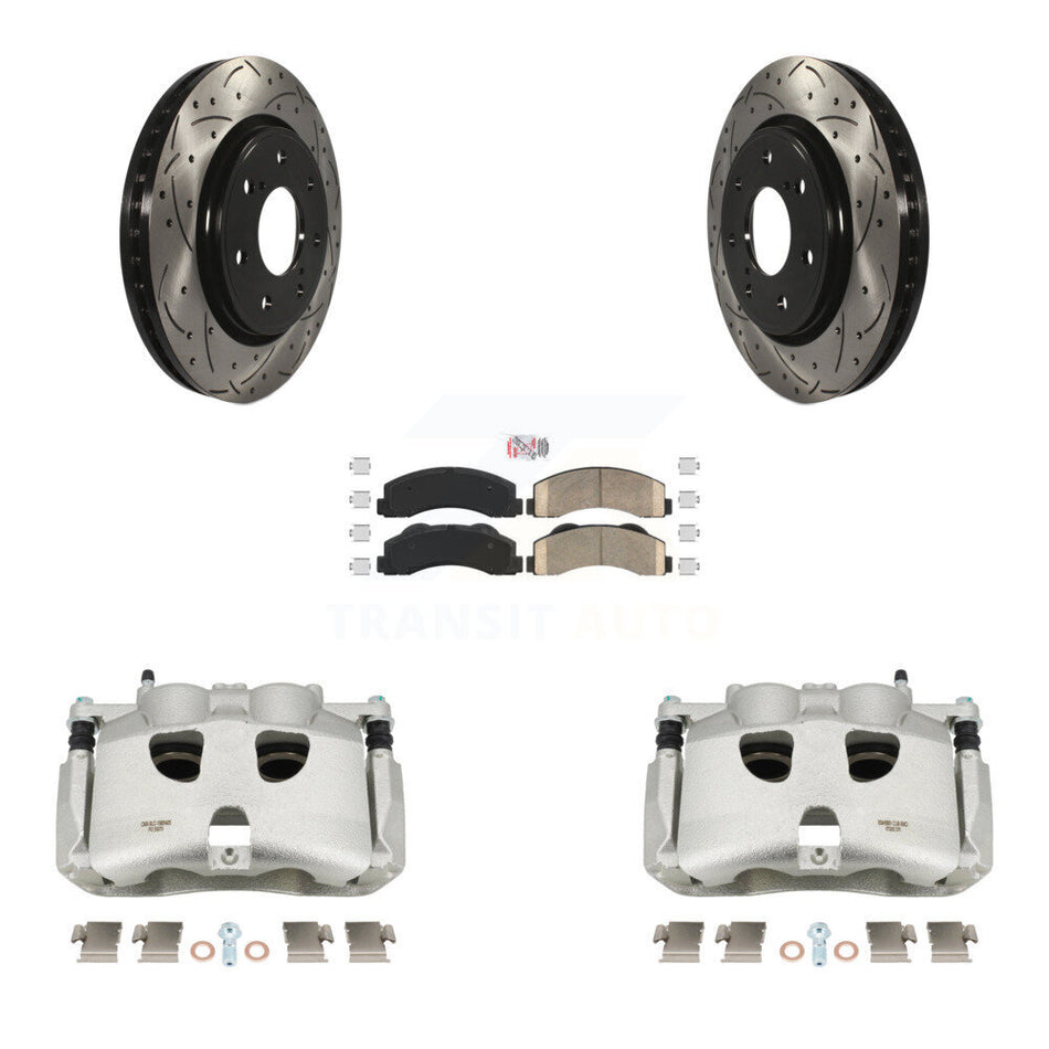 Front Disc Brake Coated Caliper Drilled Slotted Rotors And Ceramic Pads Kit For 2012-2014 Ford F-150 With 7 Lug Wheels KCD-100388N