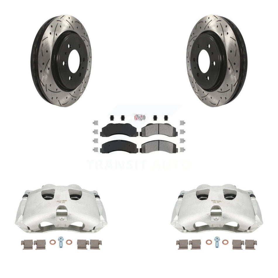 Front Disc Brake Coated Caliper Drilled Slotted Rotors And Semi-Metallic Pads Kit For Ford F-150 KCD-100390N by Transit Auto