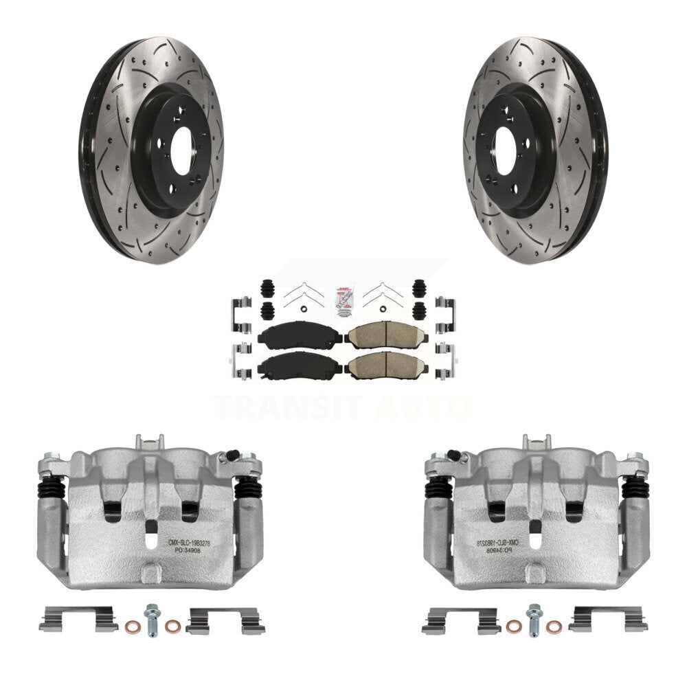 Front Disc Brake Coated Caliper Drilled Slotted Rotors Ceramic Pad Kit For Acura MDX ZDX KCD-100396N