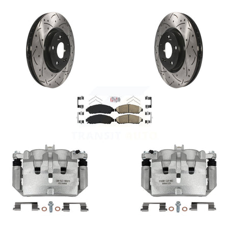 Front Disc Brake Coated Caliper Drilled Slotted Rotors Ceramic Pad Kit For Acura MDX ZDX KCD-100397N