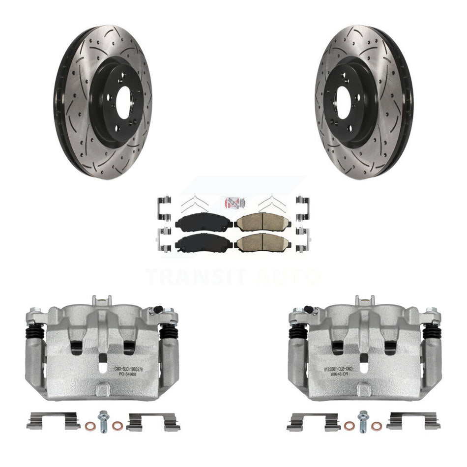 Front Disc Brake Coated Caliper Drilled Slotted Rotors Ceramic Pad Kit For Acura MDX ZDX KCD-100397N