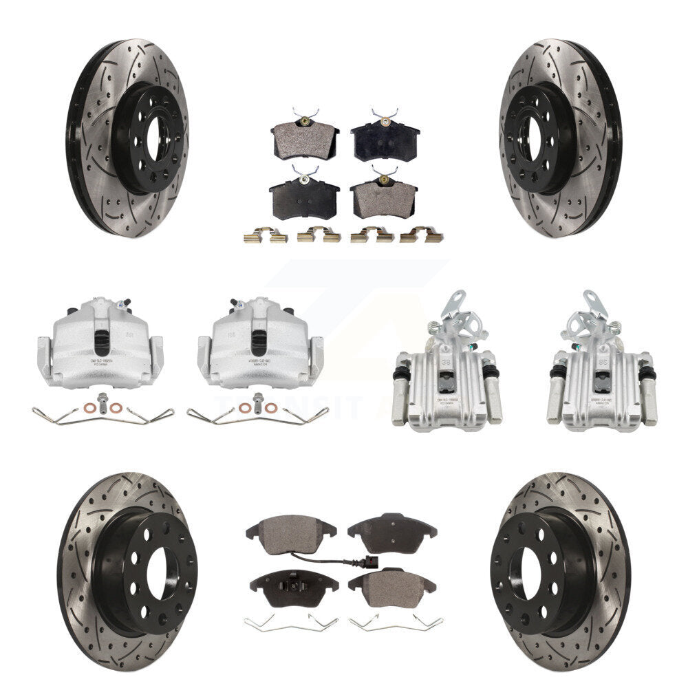 Front Rear Brake Caliper Drill Slotted Rotor Ceramic Pad Kit (10Pc) For Volkswagen Jetta KCD-100397T