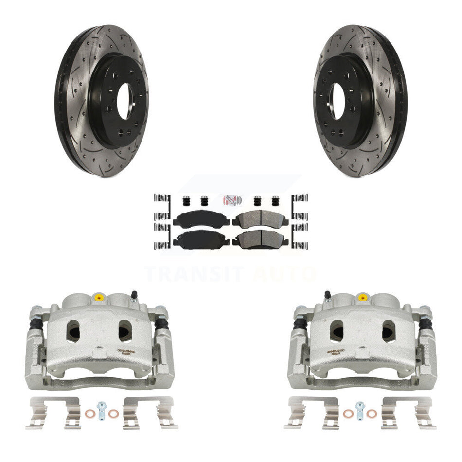 Front Disc Brake Coated Caliper Drill Slot Rotors Semi-Metallic Pad Kit For Cadillac XTS KCD-100404N