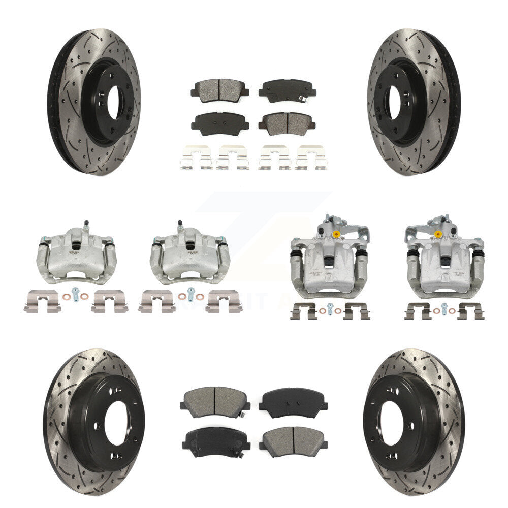 Front Rear Brake Caliper Drill Slotted Rotors Semi-Metallic Pad Kit (10Pc) For Kia Forte KCD-100405S