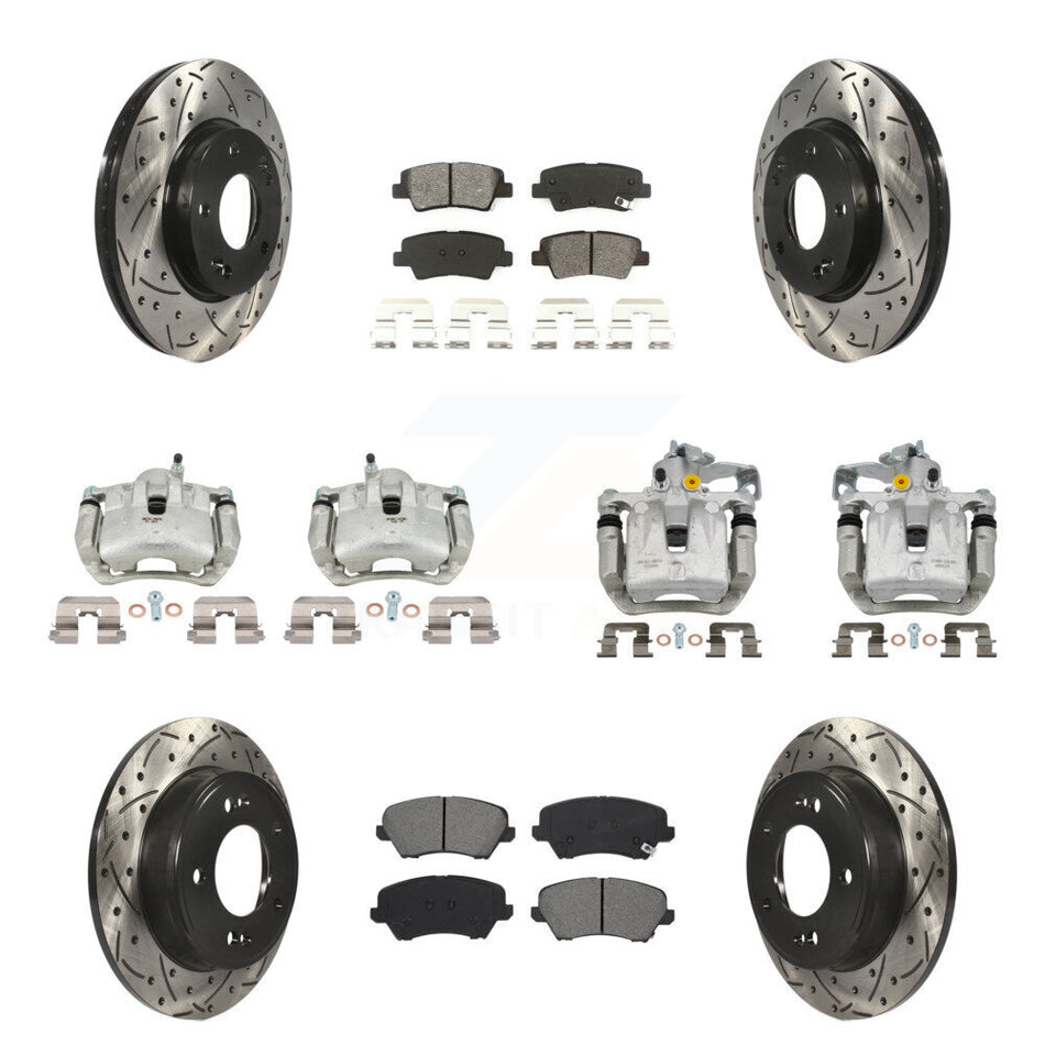 Front Rear Brake Caliper Drill Slotted Rotor Semi-Metallic Pad Kit (10Pc) For Hyundai GT KCD-100406S