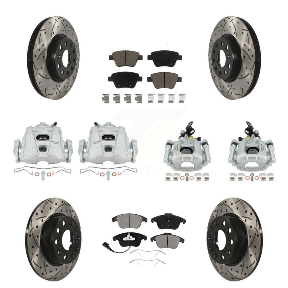 Front Rear Disc Brake Coated Caliper Drilled Slotted Rotors And Ceramic Pads Kit (10Pc) For Volkswagen Passat KCD-100409C
