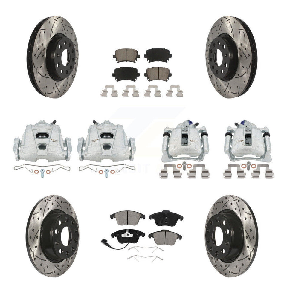 Front Rear Disc Brake Coated Caliper Drilled Slotted Rotors And Ceramic Pads Kit (10Pc) For 2009-2011 Volkswagen Tiguan KCD-100410C