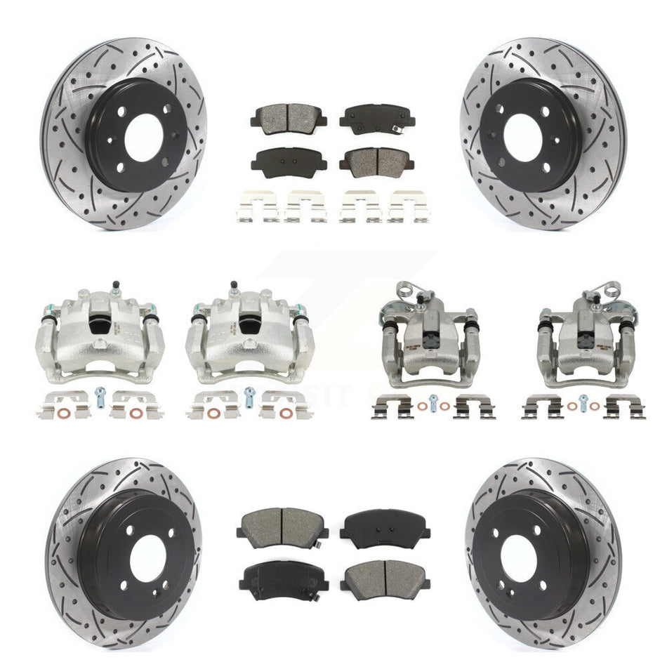 Front Rear Disc Brake Coated Caliper Drilled Slotted Rotors And Semi-Metallic Pads Kit (10Pc) For 2012-2016 Hyundai Accent KCD-100411S