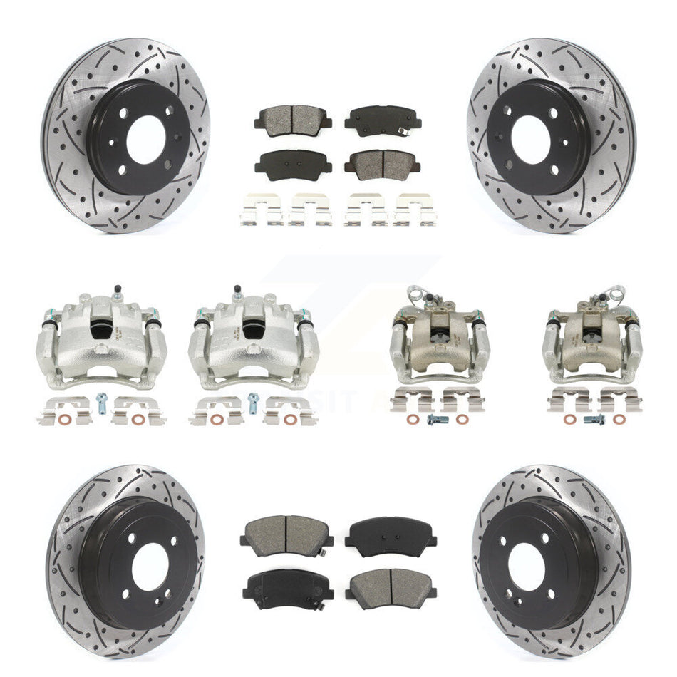 Front Rear Disc Brake Coated Caliper Drilled Slotted Rotors And Semi-Metallic Pads Kit (10Pc) For Kia Rio KCD-100413S