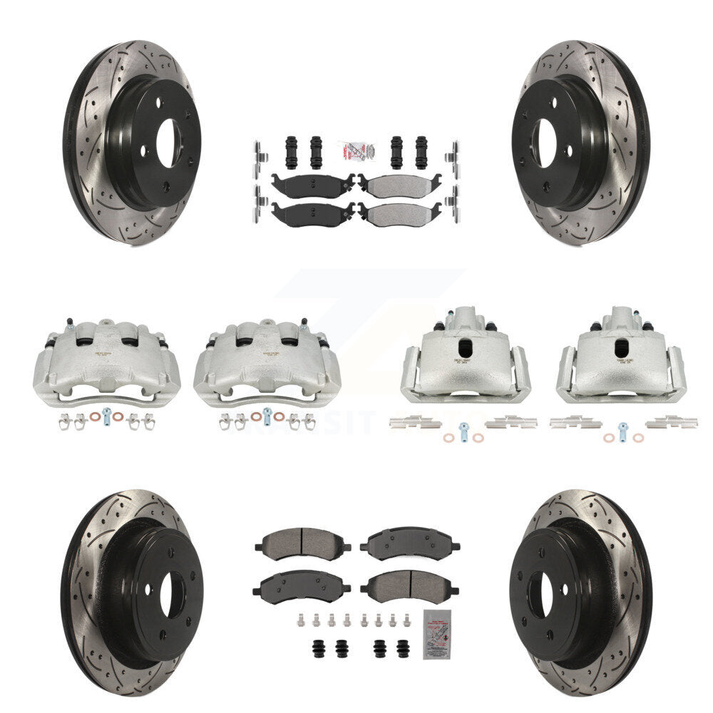 Front Rear Disc Brake Coated Caliper Drilled Slot Rotor Semi-Metallic Pad Kit (10Pc) For KCD-100414N
