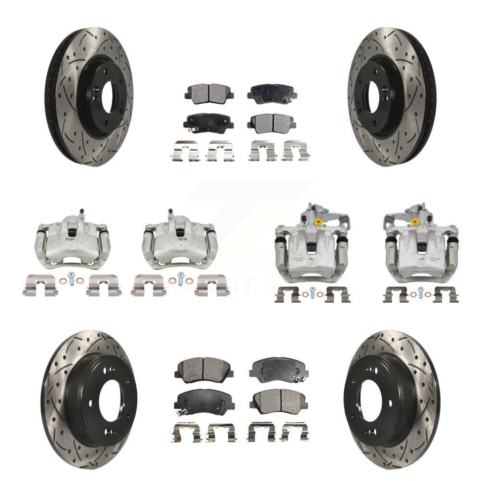 Front Rear Brake Caliper Drill Slotted Rotors Semi-Metallic Pad Kit (10Pc) For Kia Forte KCD-100414P