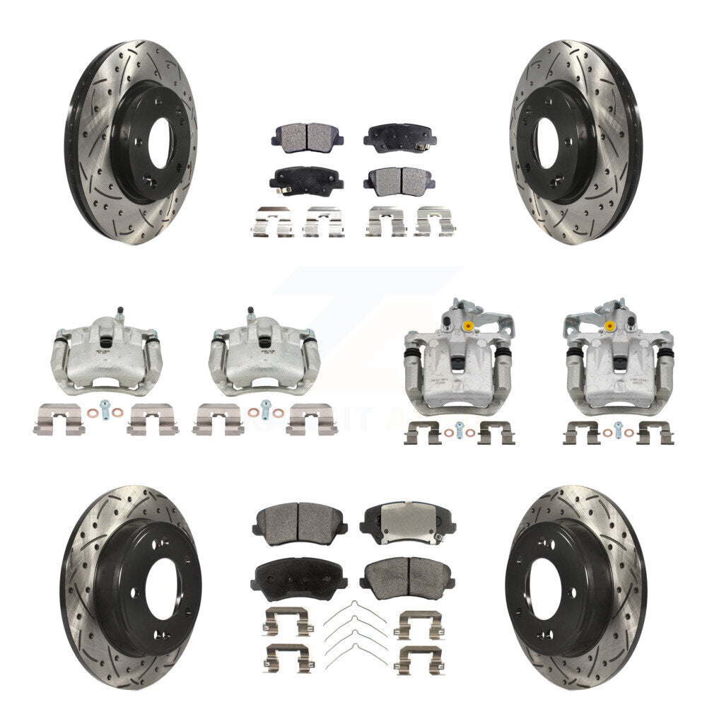 Front Rear Brake Caliper Drill Slotted Rotor Semi-Metallic Pad Kit (10Pc) For Hyundai GT KCD-100415P